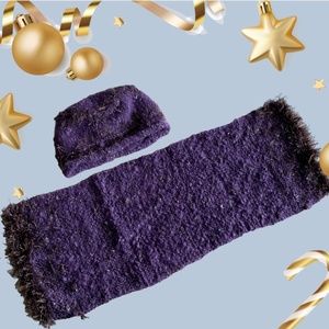 Women’s Vintage Handmade Fuzzy Fluffy Knit Warm Purple Beanie Hat and Scarf set